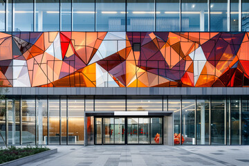 Photo of modern glass office building. A large number of windows fill the entire image space - obrazy, fototapety, plakaty