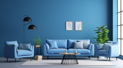 Fototapeta na wymiar Modern blue living room design with sofa and furniture