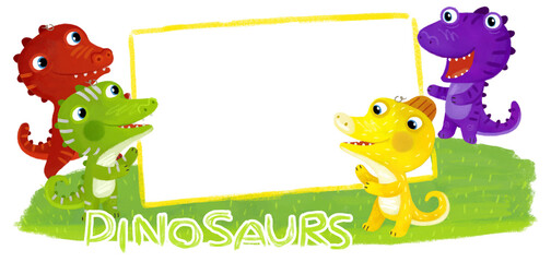 Naklejka premium cartoon scene with dino dinosaurs or dragons friends playing having fun childhood on white background with space for text illustration for children