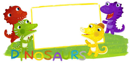 cartoon scene with dino dinosaurs or dragons friends playing having fun childhood on white background with space for text illustration for children