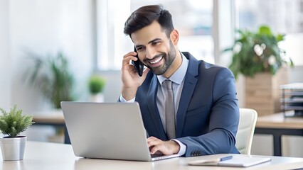 Hispanic Businessman on Phone at Laptop, Happy and Busy at Work