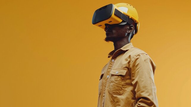 Man in virtual reality headset and hardhat. Technology and innovation in construction concept. Studio profile portrait with an orange background for VR training, safety education, and futuristic desig