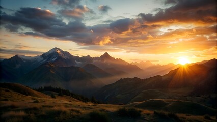 Obraz premium Sunset in the Mountains Photo, Dramatic Landscape Scene