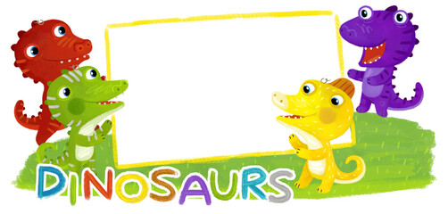 Naklejka premium cartoon scene with dino dinosaurs or dragons friends playing having fun childhood on white background with space for text illustration for children