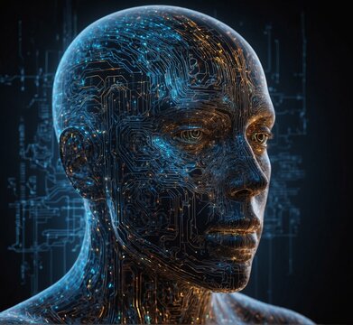 3D rendering of artificial intelligence concept with circuit board and man head