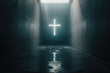 A minimalist scene with a glowing cross at its center, representing the guiding light of Jesus Christ - obrazy, fototapety, plakaty