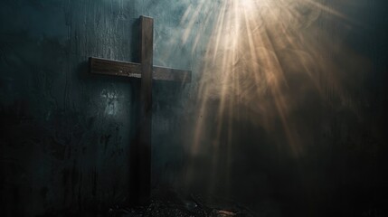 A heavenly light shining down on a simple wooden cross, invoking the presence of Jesus Christ - obrazy, fototapety, plakaty