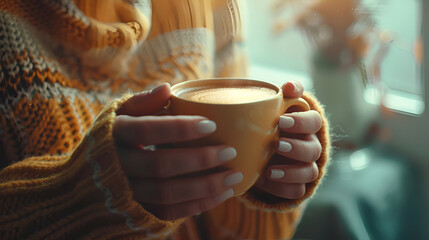 Female habds holding a cup of coffee