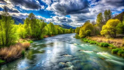 Fototapeten Spring River Landscape Photo, Nature Scene with Trees and Water © PhotoPhreak