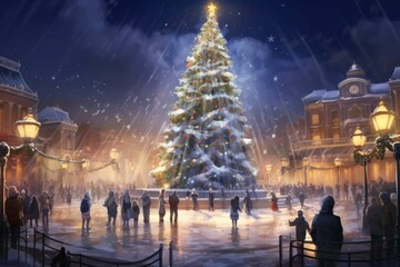 Festive Christmas tree lighting ceremony in a town square