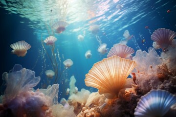Fototapeta na wymiar Abstract floating seashells in underwater world