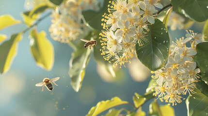 Realistic photo of Linden flowers with honey bee