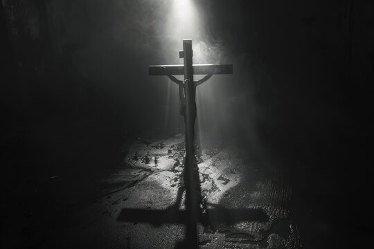 The shadow of a cross extending towards the viewer, with Jesus Christs figure bathed in light