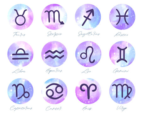 Set of hand drawn watercolor brush zodiac signs. Collection of watercolor astrology signs.