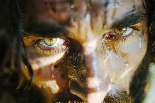 A closeup of Jesus Christs compassionate face with a lightfilled cross reflected in His eyes