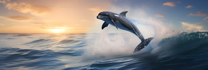Dancing Dolphin in Golden Sunset: A Spectacular Display of Serene Ocean Life