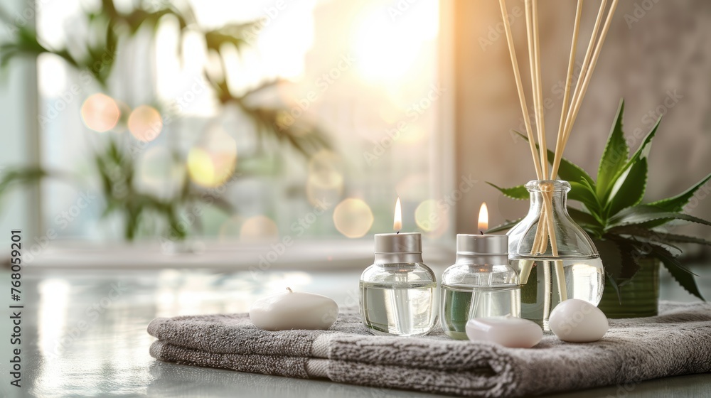 Poster tranquil spa setting with lit candles and aromatic reed diffuser on table, soft focus background