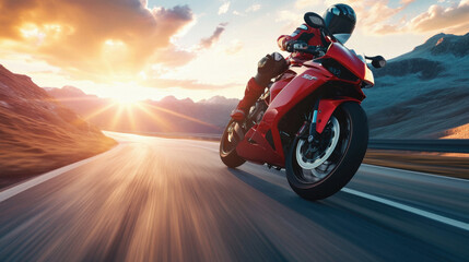 Motorcycle riding on the road at sunset . - obrazy, fototapety, plakaty