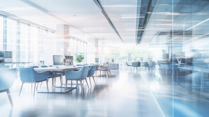 Interior of modern meeting room with white walls, tiled floor, panoramic windows and rows of white computer tables.   toned image double exposure blur - Powered by Adobe