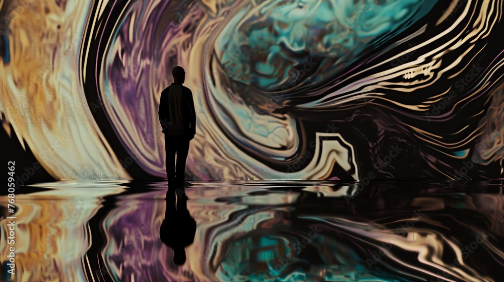 Poster a person's reflection merges with undulating abstract patterns, evoking a sense of calm and contempl
