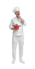 Chef in uniform with cooking pot on white background