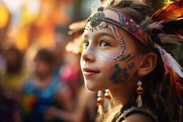 Close-up of a child's face painted with traditional patterns during a cultural parade