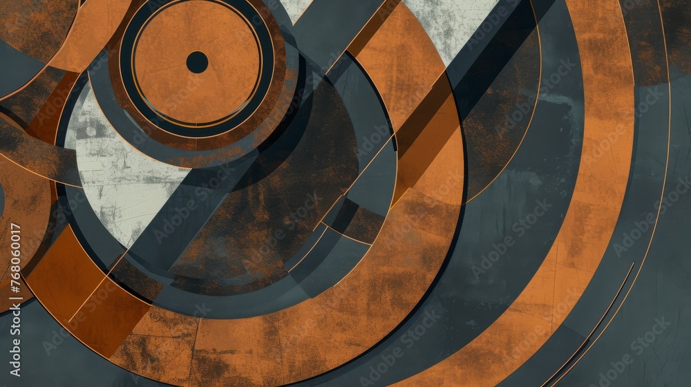 Poster abstract rusty circles intertwine, creating a warm, earth-toned visual with a sense of movement and 