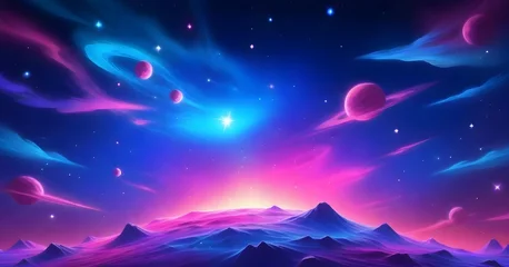 Poster Donkerblauw Vibrant alien landscape with purple and pink hues, featuring mountains under a starry sky 