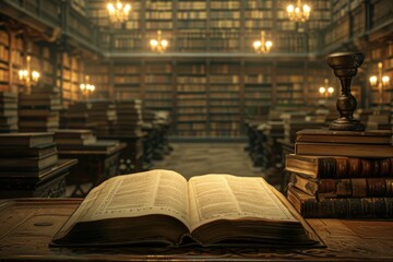 An open book on a table in front of several other books, surrounded by rows and columns filled with various old books Generative AI