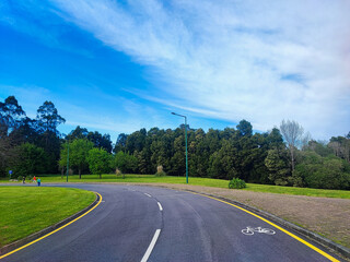 empty bike path in a park with green trimmed grass