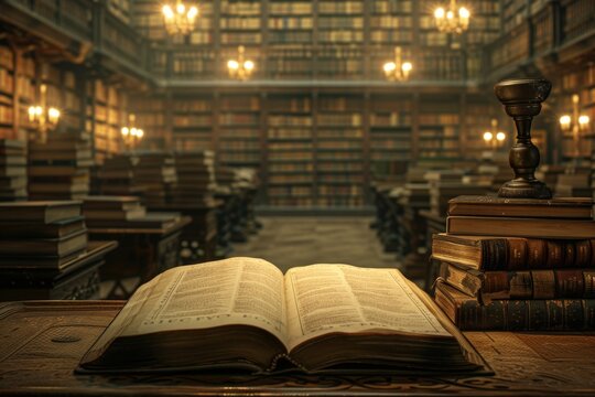 An open book on a table in front of several other books, surrounded by rows and columns filled with various old books Generative AI