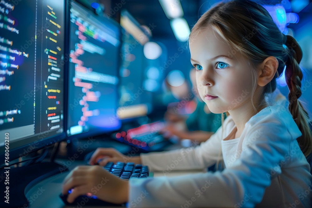 Aufkleber futuristic portrait of a young girl sitting in front of a computer display learning to code