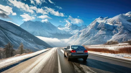 Deurstickers Car on the road in the mountains. Beautiful winter landscape with snow covered mountains . © Art AI Gallery
