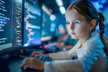 Futuristic portrait of a young girl sitting in front of a computer display learning to code