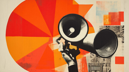 Megaphone on the background of an abstract wall with a colorful pattern .