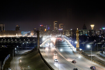 Night view from above on Maral bridge at Amman street in Astana. Republic of Kazakhstan