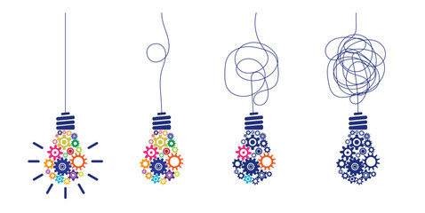 Cogwheel lightbulb collection with knot wire cable. Problem solving, complex business process resolving concept vector design with colorful gears, wire, lightbulb.