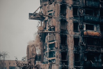 destroyed and burned houses in the city Russia Ukraine war