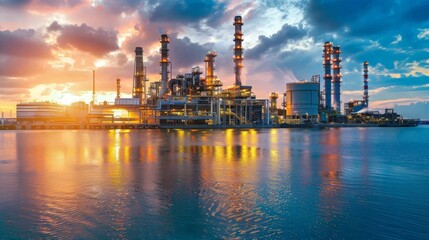 Obraz premium Modern gas power plant petroleum building overlay blue sky cloud