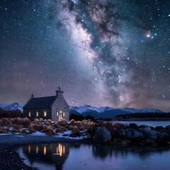 Stunning Celestial Landscape with Church in Serene Lake Tekapo,New Zealand - obrazy, fototapety, plakaty