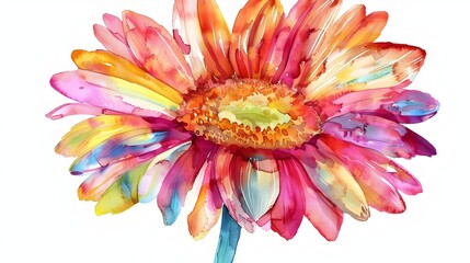 Vibrant Watercolor Gerbera Daisy Blossom in Radiant Shades of Pink,Orange and Yellow - obrazy, fototapety, plakaty