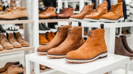 A modern and stylish shoe store featuring a fashionable collection of leather footwear including boots and sneakers.