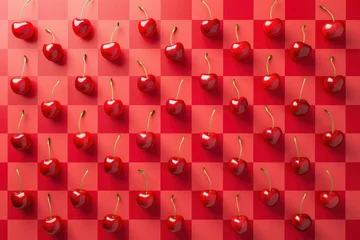  Fresh red cherries on a checkered background, 3D ing, realistic illustration of juicy fruit concept © SHOTPRIME STUDIO