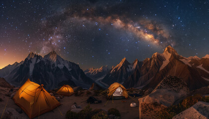 tents in the mountains at night, milky way in the sky