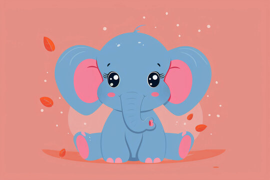 Cute sitting blue baby elephant on a pink background.