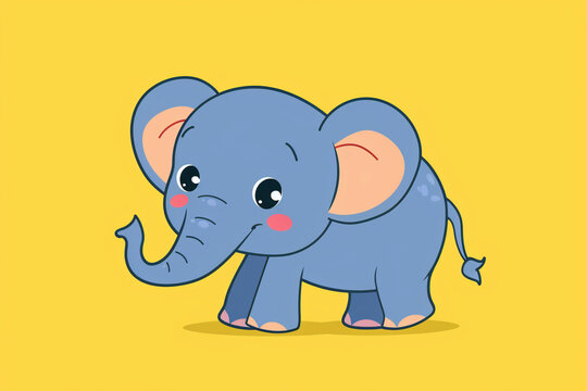 Cute standing blue baby elephant on a yellow background.