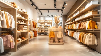 A modern boutique clothing store with a variety of stylish fashion items, including clothing for babies and children, displayed on colorful racks and shelves.