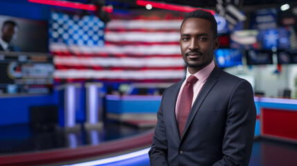 Fototapeta premium Confident News Anchor in Broadcast Studio, A confident male news anchor stands poised in a broadcast studio, with the American flag backdrop symbolizing a focus on national stories.