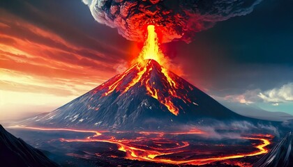 山頂から噴火する火山とマグマ_02 - obrazy, fototapety, plakaty