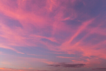 Pink purple violet blue cloudy sky. Beautiful epic sunrise, sunset with cirrus clouds abstract...